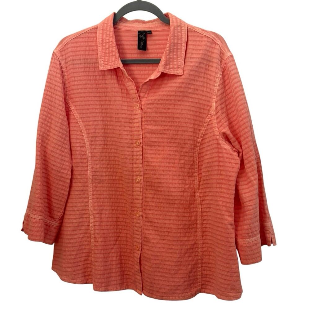 Focus Casual Life Coral Button Up Blouse Top Shirt XL Textured Beachy Cotton